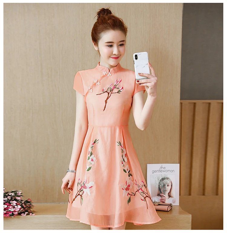 Китайское платье с коротким рукавом, восточное платье cheongsam qipao с цветочным принтом бабочки, традиционное китайское женское платье