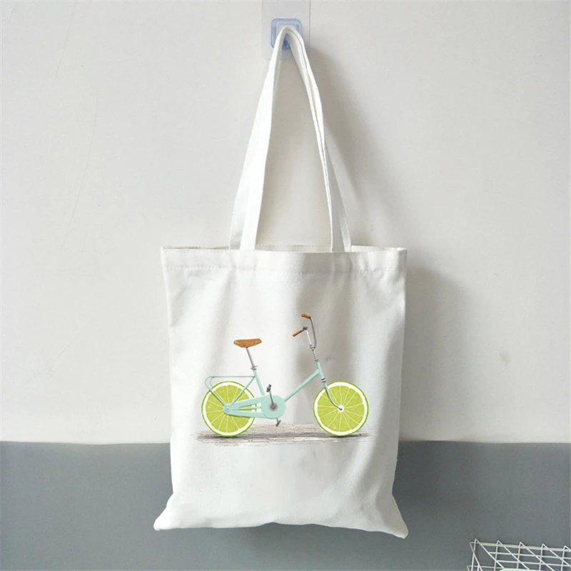 

Large Women Canvas Shopping Bag Cartoon fruit bicycle Beach Handbag Eco Shoulder Bag Fashion Shopper bag Casual College Tote bag