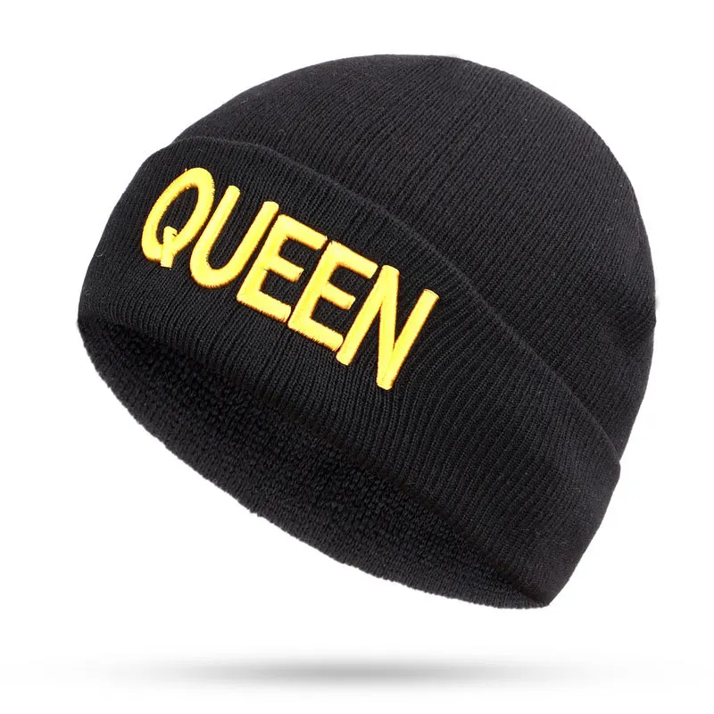 

KING QUEEN elastic knitted cap embroidered warmth gloves for autumn and winter