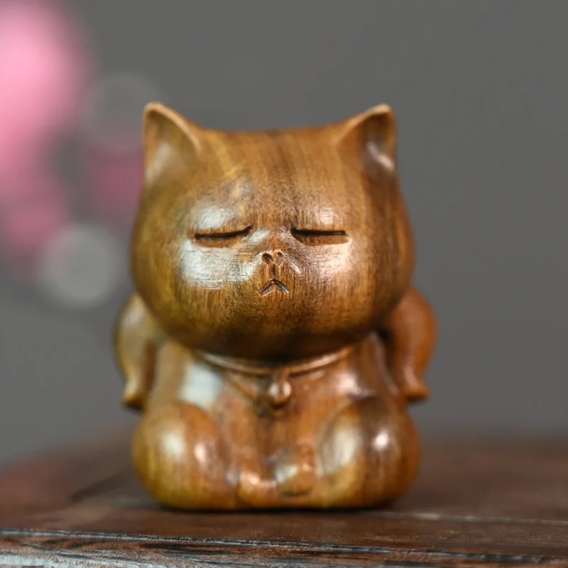 

Solid Wood Cat Shape Carving Ornaments Tea Table Pet Handle Wooden Crafts Home Desk Decorations
