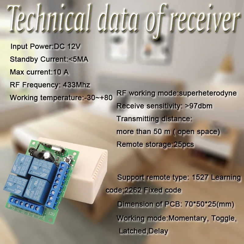 433 МГц DC12V 10A 4CH релейный приемник RF беспроводной водонепроницаемый пульт