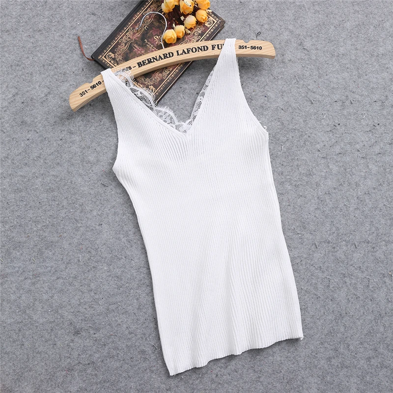 

Sexy Women Plain Camisole Lace Splicing Double V-neck Vest Slim Sling Tank Tops
