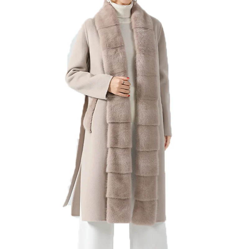 

SHZQ Korean Winter Real Cashmere Sheep Wool Jackets Loose Plus Size Double-sided Wool Coat Women with Real Mink Fur Collar Outwe