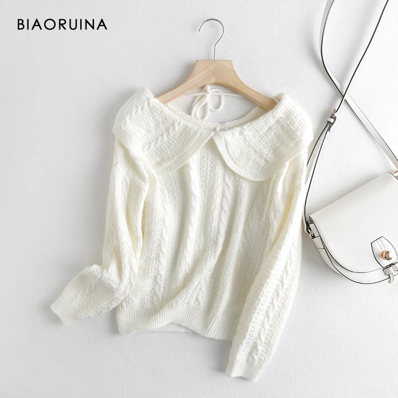 

BIAORUINA Women's Solid Color French Style Loose Retro Sweater Peter Pan Collar Female Sweet Autumn Knitted Pullover