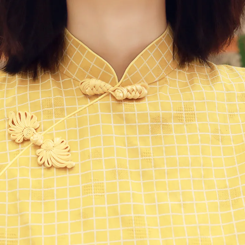 Весеннее клетчатое платье Ципао для женщин сексуальное тонкое хлопковое миди