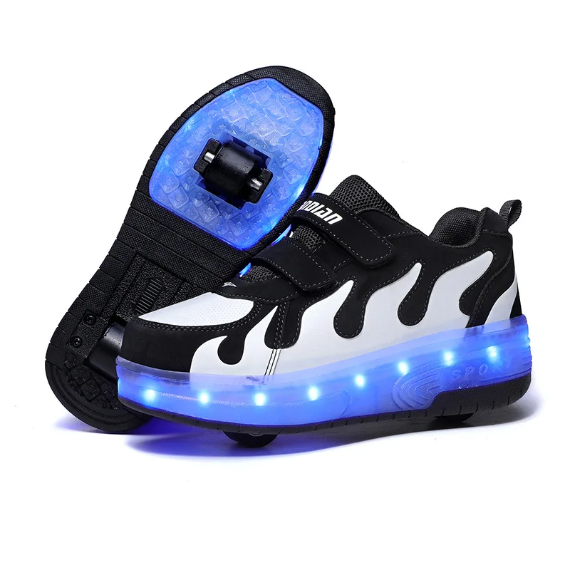 

2021 New Glowing Sneakers on Wheels USB Charging Luminous Shoes Wheels LED Flashing Double Wheels Roller Skates Size 28-40