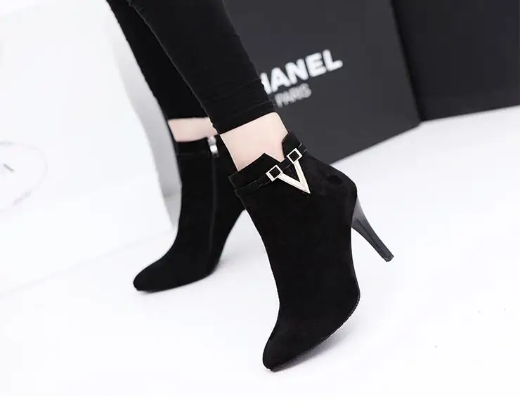 nubuck black IMKKG/пикантные женские ботильоны на высоком тонком каблуке-шпильке с острым носком из искусственной кожи на молнии; сезон весна-осень женские полусапожки - Цвет: nubuck black