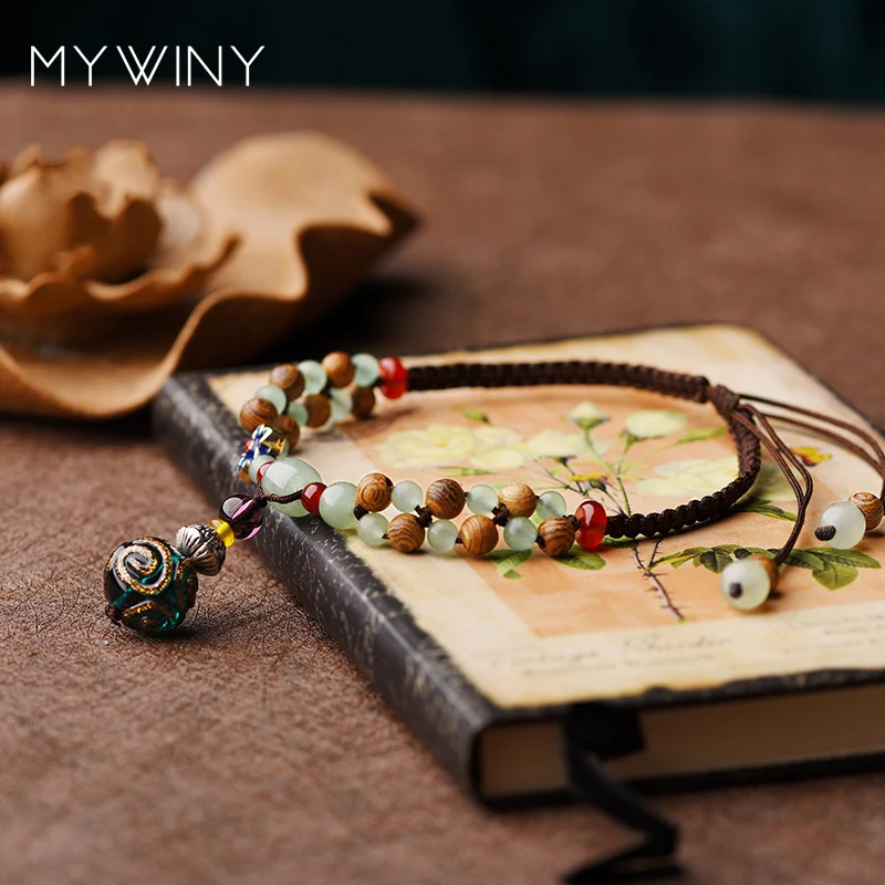 MYWINY Old Fashion nature stones ethnic Anklets vintage Manual coloured glaze handmade braided exotic jewelry | Украшения и