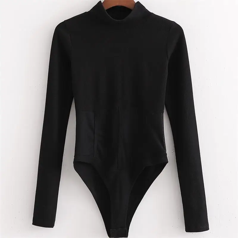 

2021 New Women Fashion Mesh Stitching See-through High Fork Bodysuit Vintage Long Sleeve Female Playsuits Streetwear