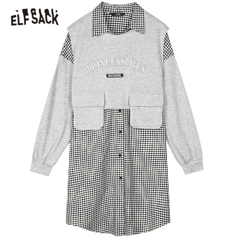 

ELFSACK Gray Plaid Casual Women Preppy Shirt Dress,2020 Autumn Pure Vintage Letter Print Korean Female Fake 2 Pieces Daily Dress