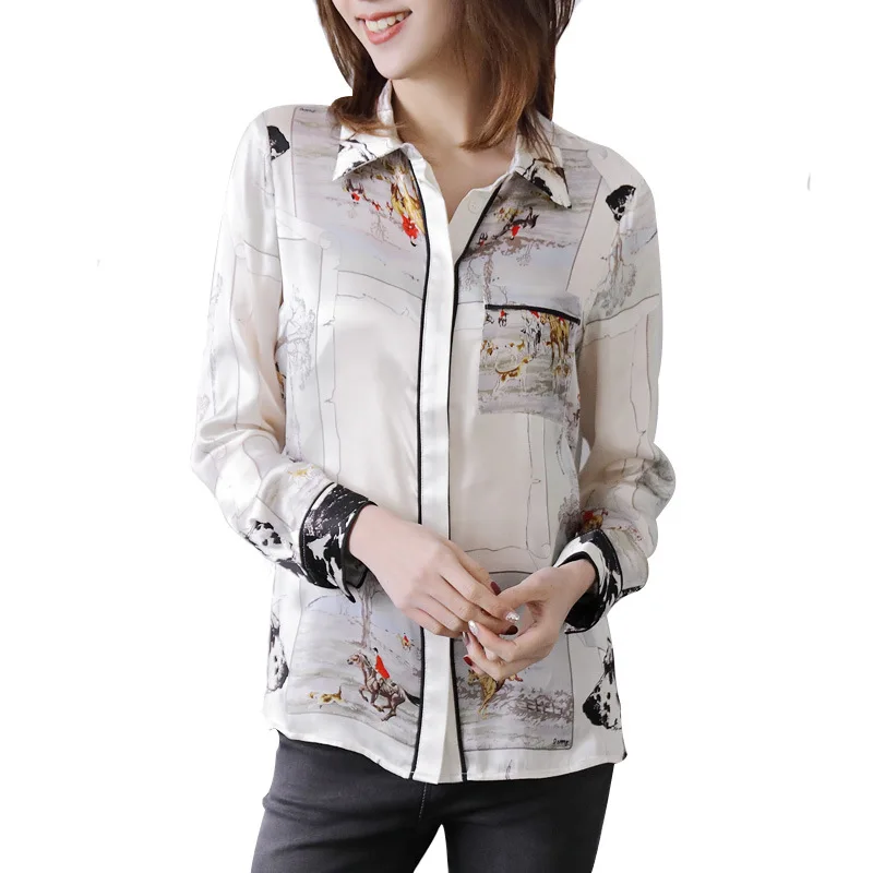 2019 блузка рубашка женская одежда с принтом из натурального шелка длинным рукавом