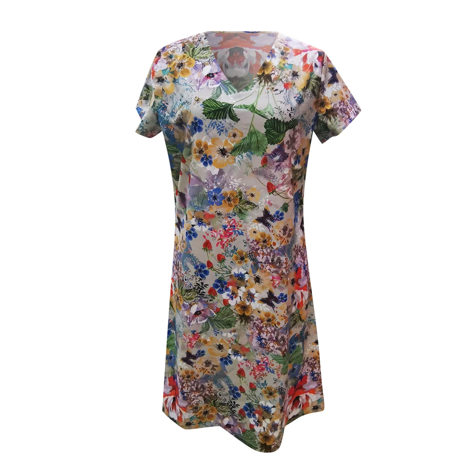 Женское платье с коротким рукавом круглым вырезом и цветочным принтом|Женские
