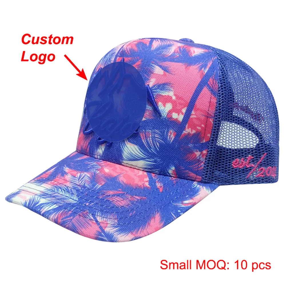 Custom Low MOQ 3D Full Printing Cap Traveler Ventilated Seaside Beach Vacation Journey Travel Coconut Tree Tennis Baseball Hat