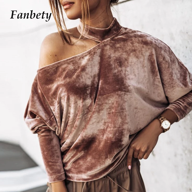 

Vintage Women Solid Velvet Halter Blouse Shirt Autumn Batwing Long Sleeve Pullover Tops 2020 Sexy Off Shoulder Loose Shirt Femme