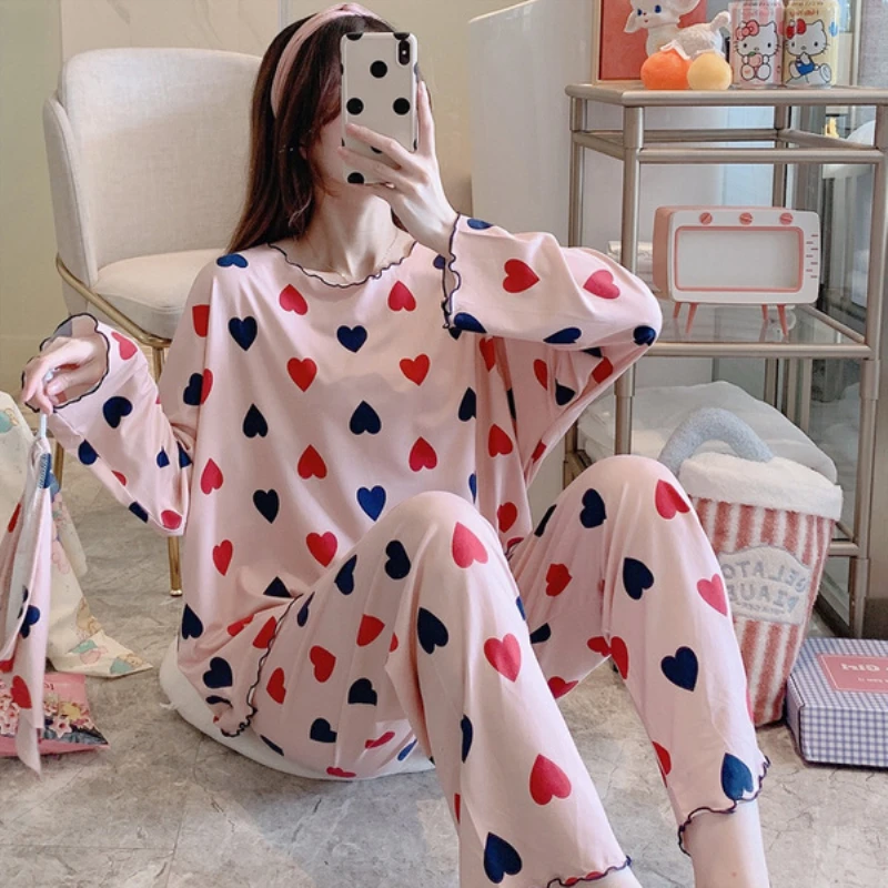 

Новый осенний Повседневный домашний костюм с длинными рукавами, тканевая Пижама с сумкой, женские брюки, пуловер, свободная Пижама с круглы...