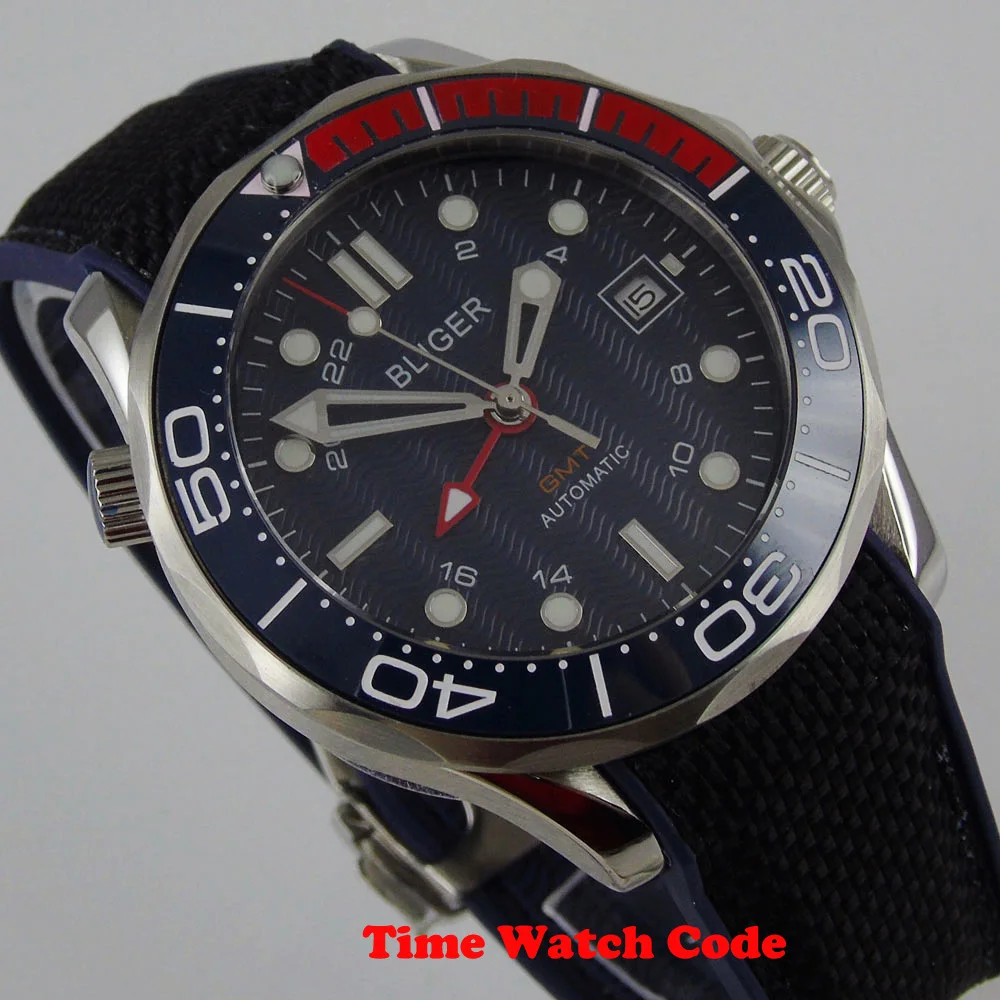 Мужские автоматические наручные часы Bliger 41 мм GMT синий циферблат индикатор Даты