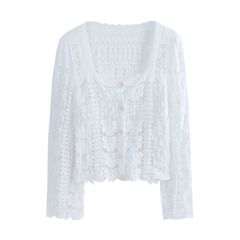 

Summer Women Sexy Knitted Cardigan Lace Hollow Out Tops Casual Fashion Shawl Cool Sun Protection Clothing Short Thin Sweater New
