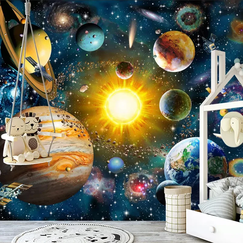 

Пользовательские 3D фото обои для детской спальни современная ручная роспись мультфильм Вселенная звезда небо планета детская комната росп...