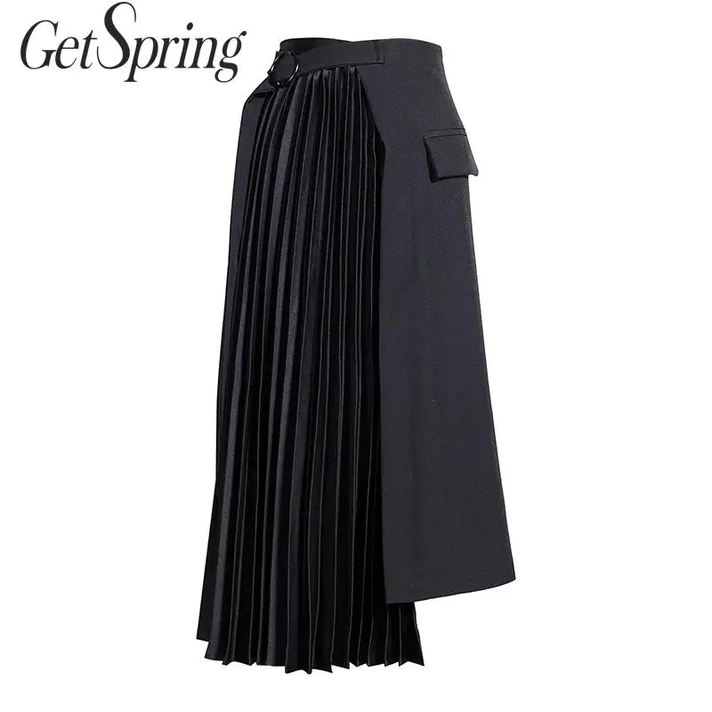 Женская Асимметричная плиссированная юбка Getspring черная длинная составного кроя