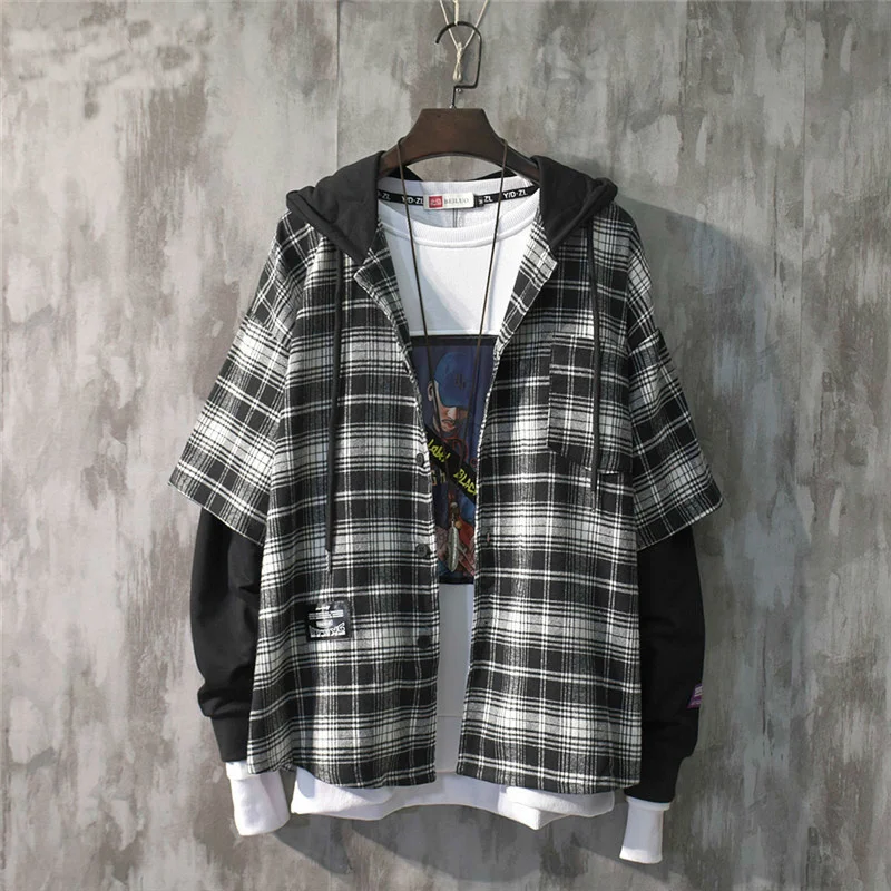 

Man Spring Autumn Sweatshirt New Fashion Plaid Hooded Collar Coat Male Drawstring Loose Casual Clothing