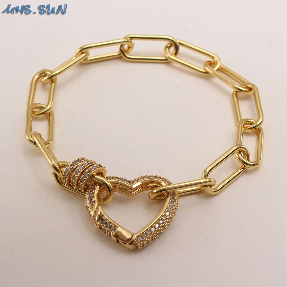 MHS.SUN позолоченные женские браслеты на крупной цепочке с сердцем из фианита/кольцом, модные подарки для девочек, браслет AAA CZ ювелирные изделия