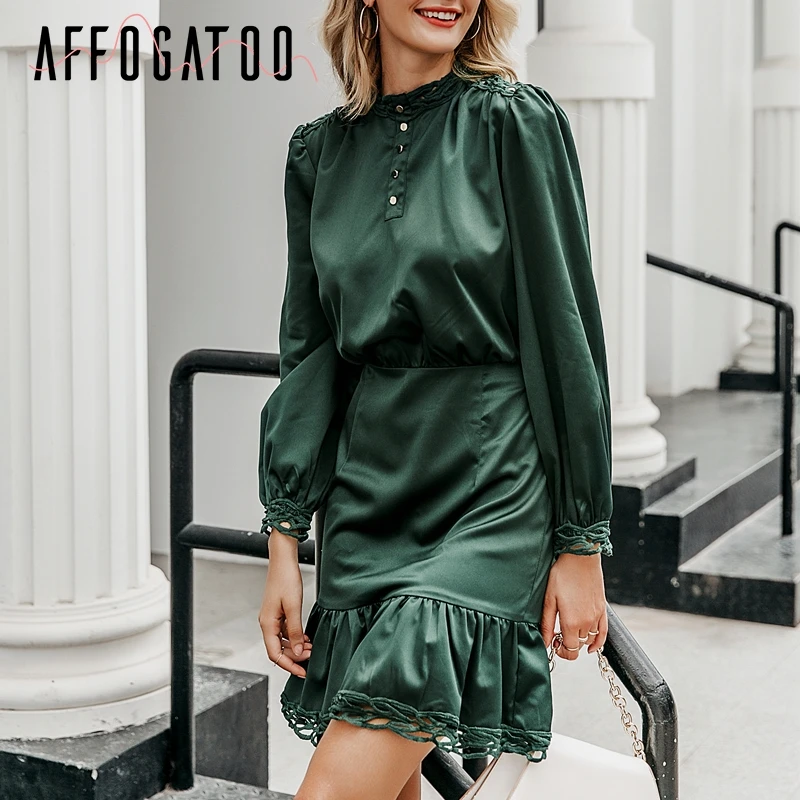 Женское атласное платье с оборками afogaboo винтажное мини-платье длинным рукавом и