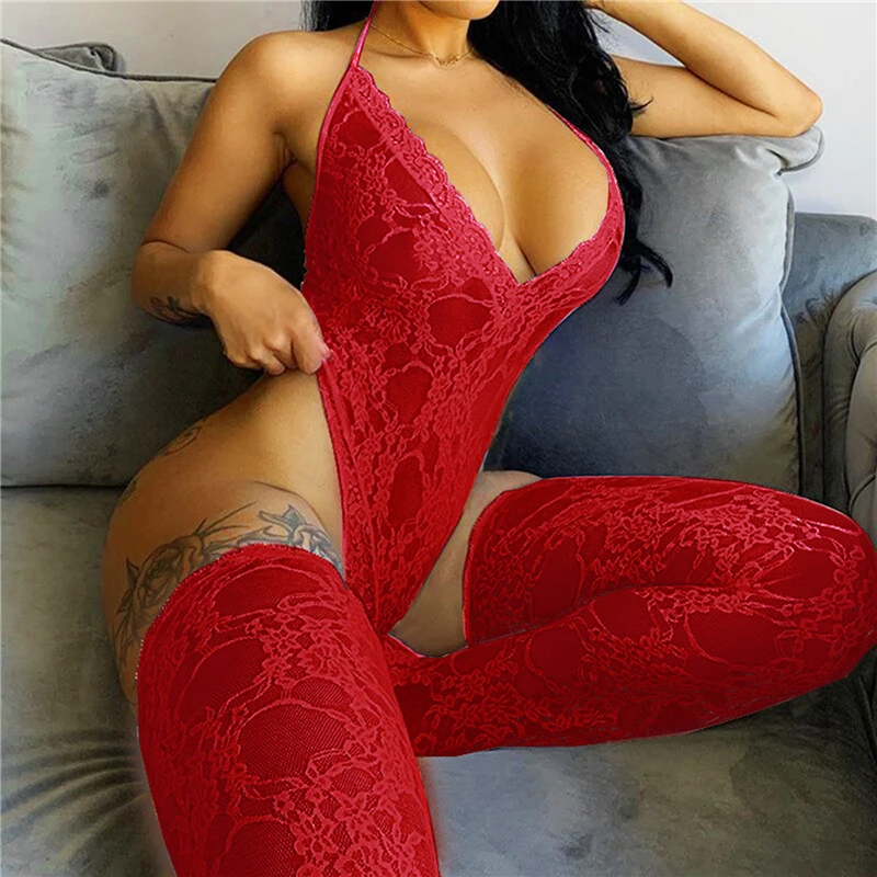 

Women's Sexy Lace Bodysuit Sleeveless See-through Backless Deep V-neck Skinny Halter Jumpsuit With Socks New Female Rompers