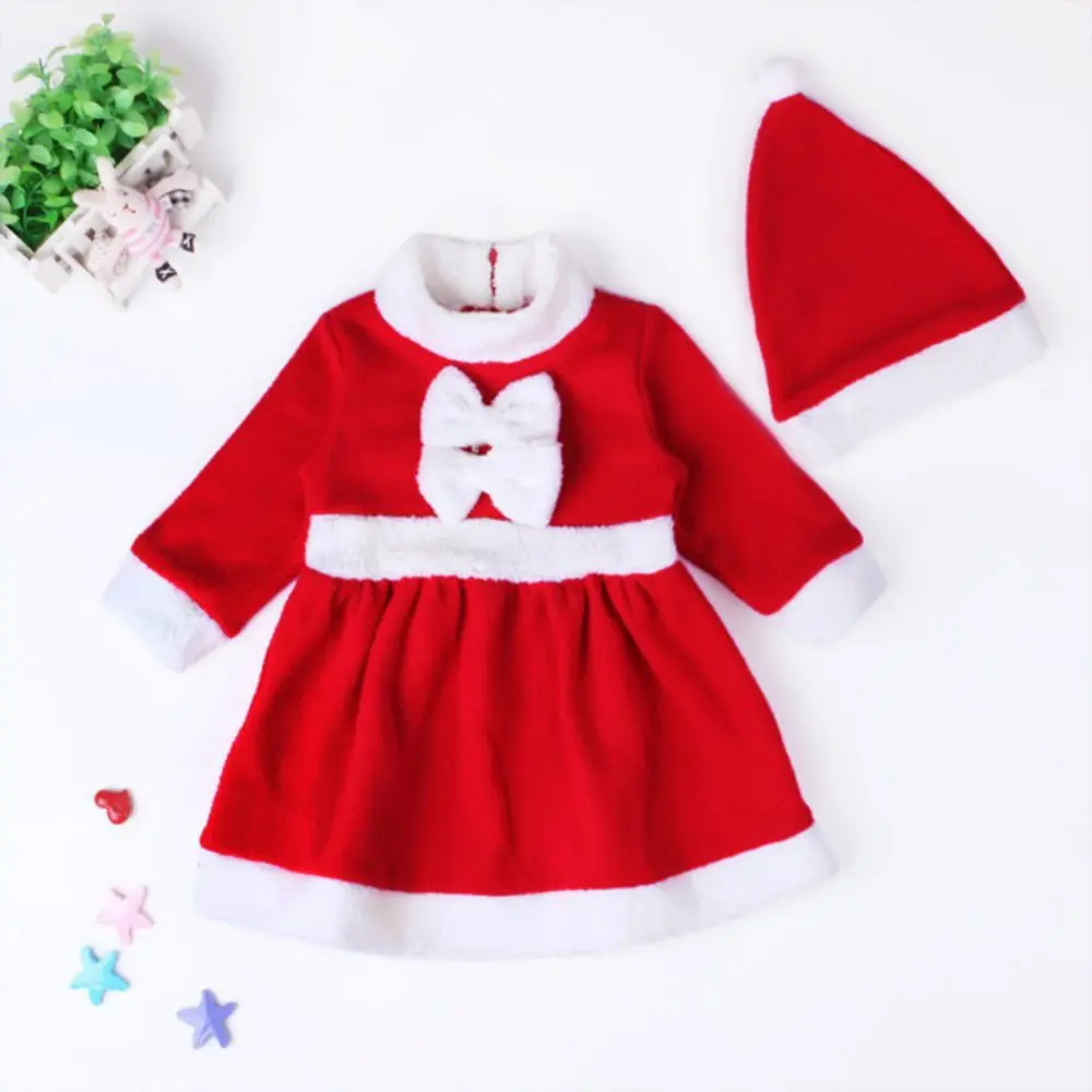 

Baby Girls Christmas Dress Santa Claus Costume Infant Xmas Red Dress Newborn Fluffy Long Sleeve Bowknot Dress+Hat Outfits