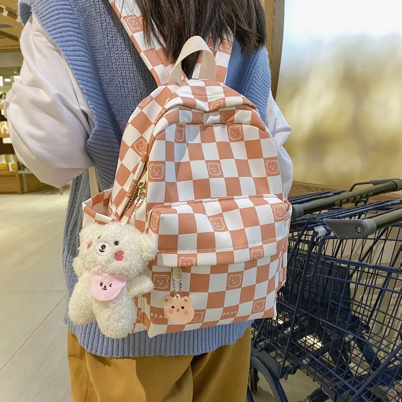 "Клетчатый рюкзак для женщин, Корейская версия для младшей и старшей школы, вместительная школьная сумка для студентов колледжа, дорожная су..."