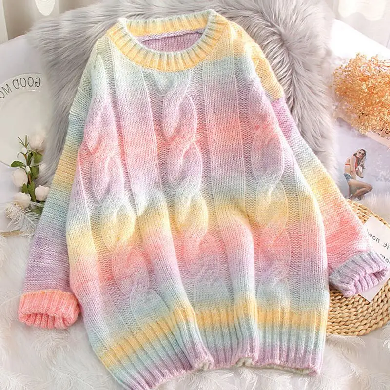 

Радужный полосатый вязаный свитер для женщин Свободные одежда оверсайз витой Джемперы осень-зима пуловеры с длинными рукавами Kawaii X863
