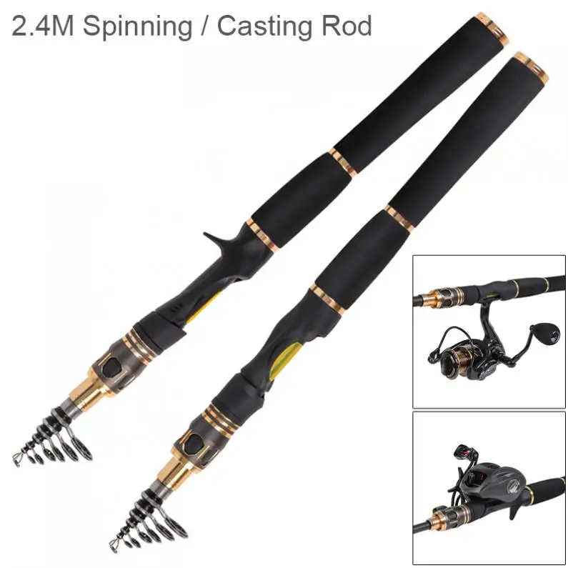 2.4m Carbon Fiber  Golden & Black Lure Fishing Rod Power M Ultra Short 8 Section Spinning / Casting Fishing Pole