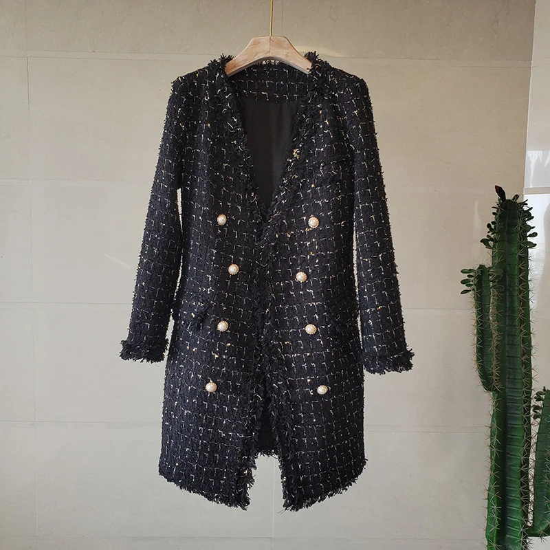 

Runway Luxury Plaid Tweed Down Jackets Coats Women Double Breasted Pearls Golden Line Tassel Long Coat Wool Vintage Office B454