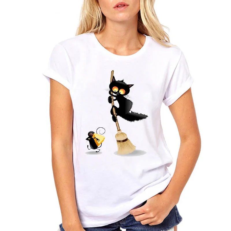 Женская одежда футболка в стиле Харадзюку панк с принтом кошки ведьмы