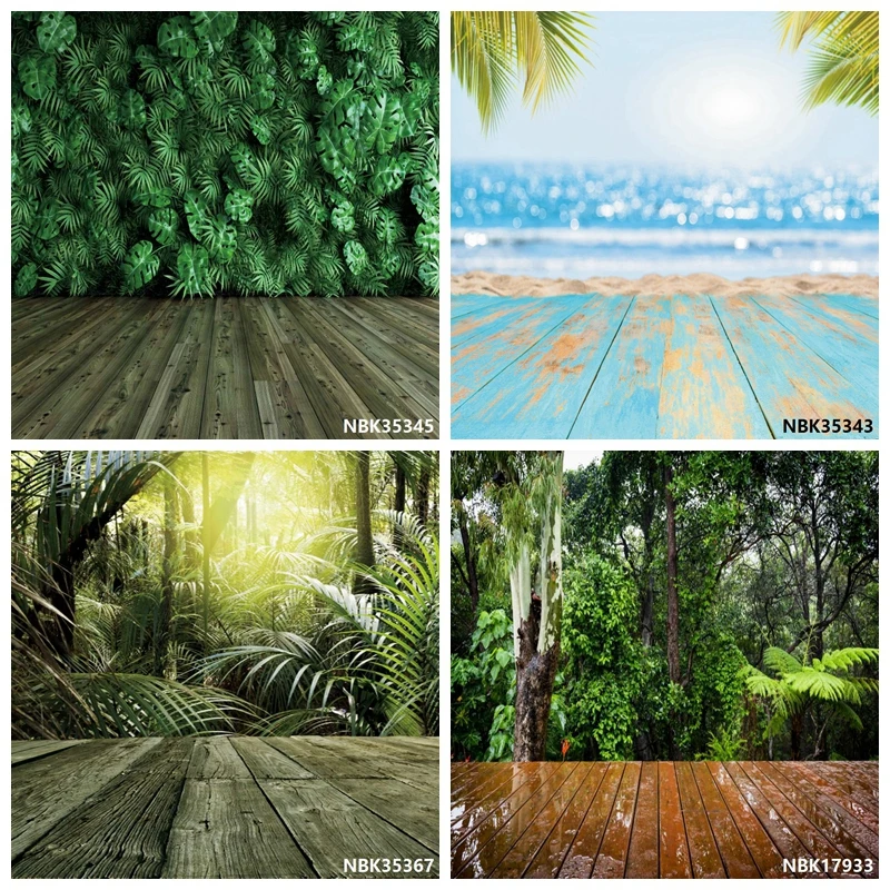 

Laeacco Green Summer Tropical Palms Tree Leaves Wood Floor Baby Child Photozone Party Portrait Photo Background Photo Backdrops