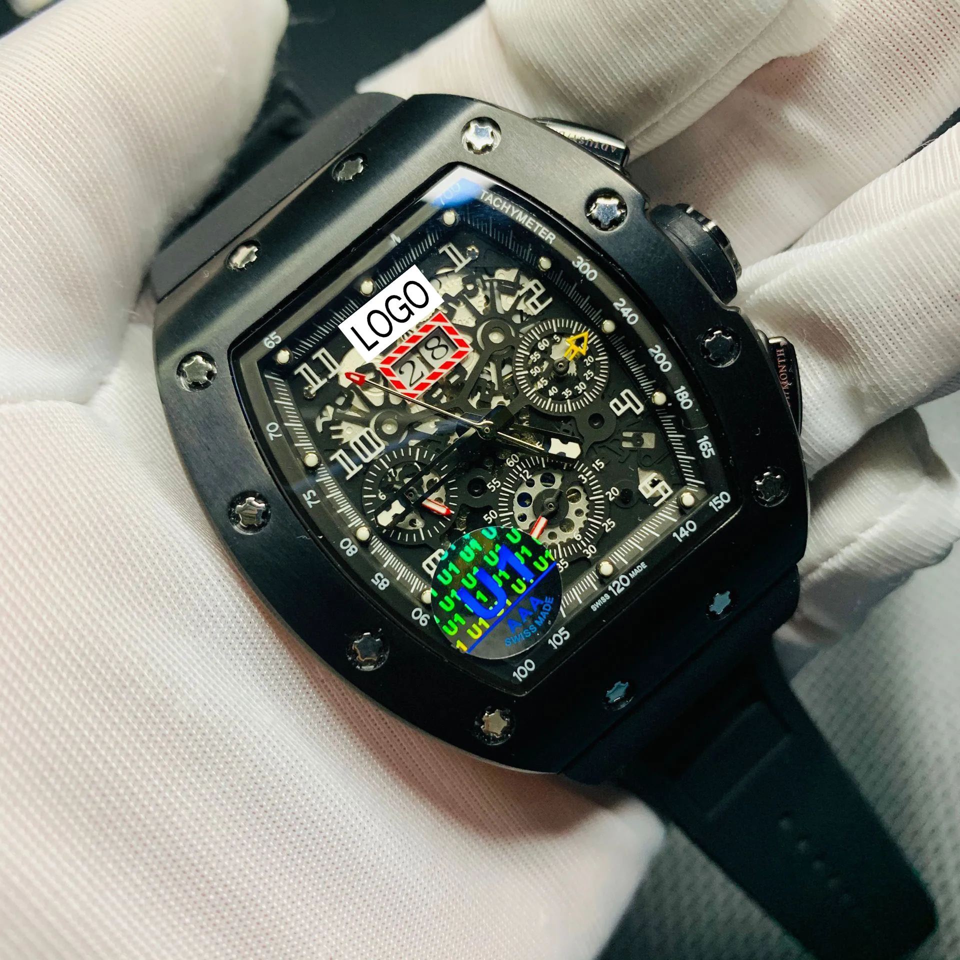 

Classic Men's Luxury Black Watch R-M Style Automatic Sliding Smooth Second Hand Luminous Watch All Sub-Dial Works