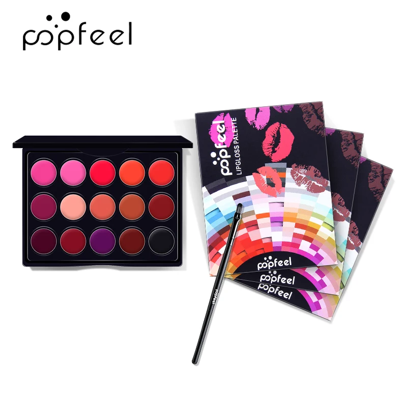 POPFEEL, 15 цветов, набор для макияжа, бархатный блеск для губ+ Губная Палетка с кистью, стойкая матовая губная помада, антипригарная чашка, губная помада, косметика, 50 г