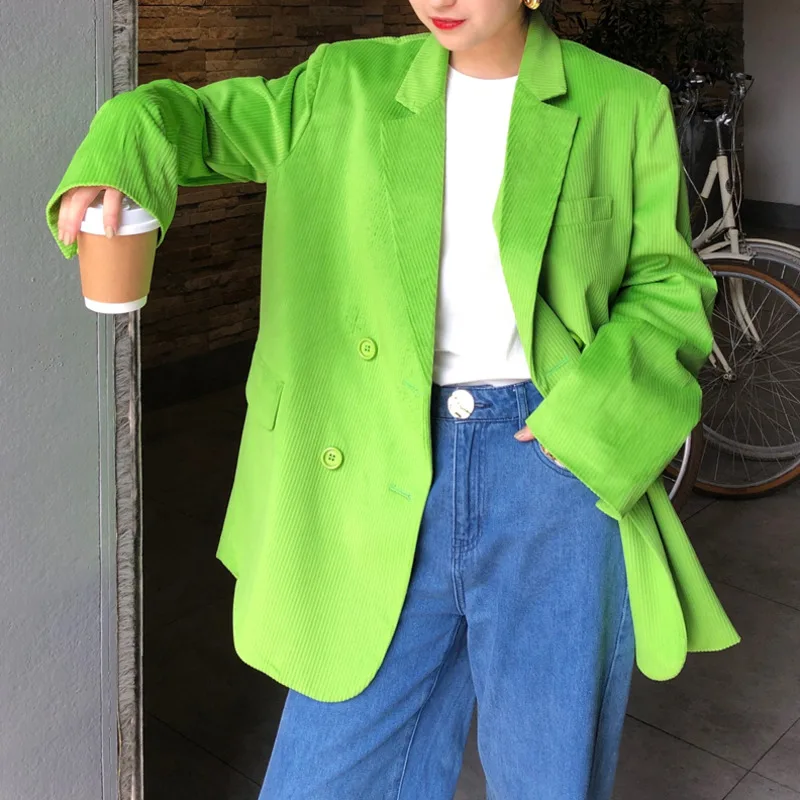 

Green Corduroy Chic Loose Light Green Women Blazer Summer Pink Female Suit Vintage Jacket Full Sleeve Outwear Blaser Femme 2021