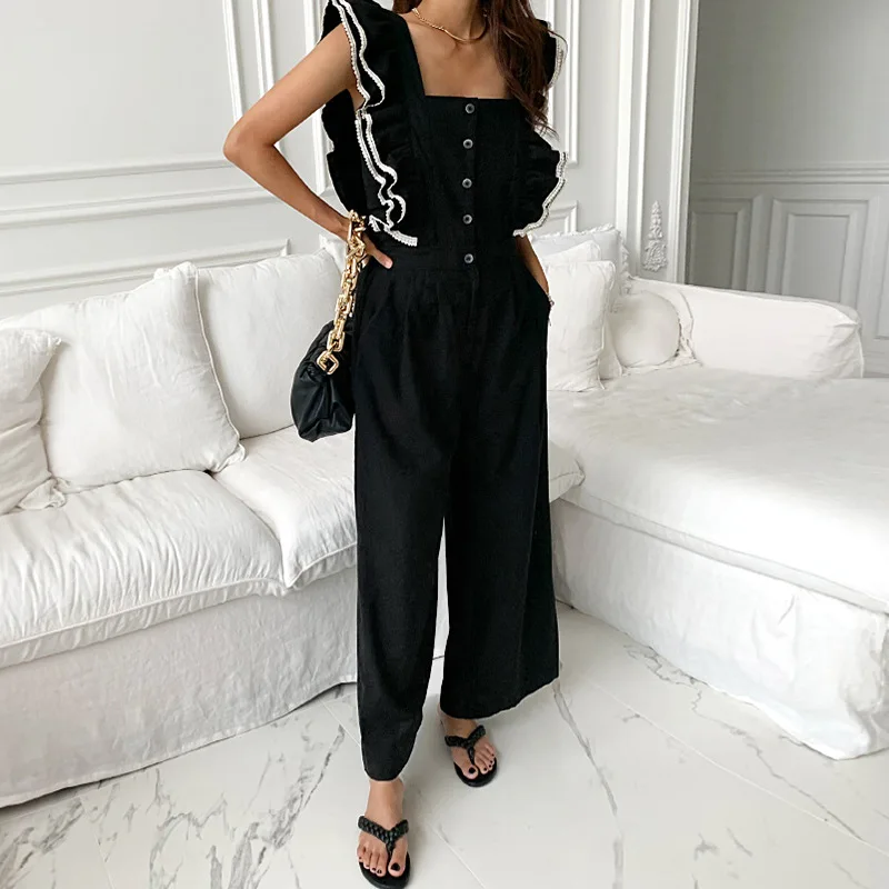 

Vintage Square Collar Ruffle Rompers For Women Casual Sleeveless High Waist Wide Leg Jumpsuits Female Khaki/Black Jumpsuit 2021
