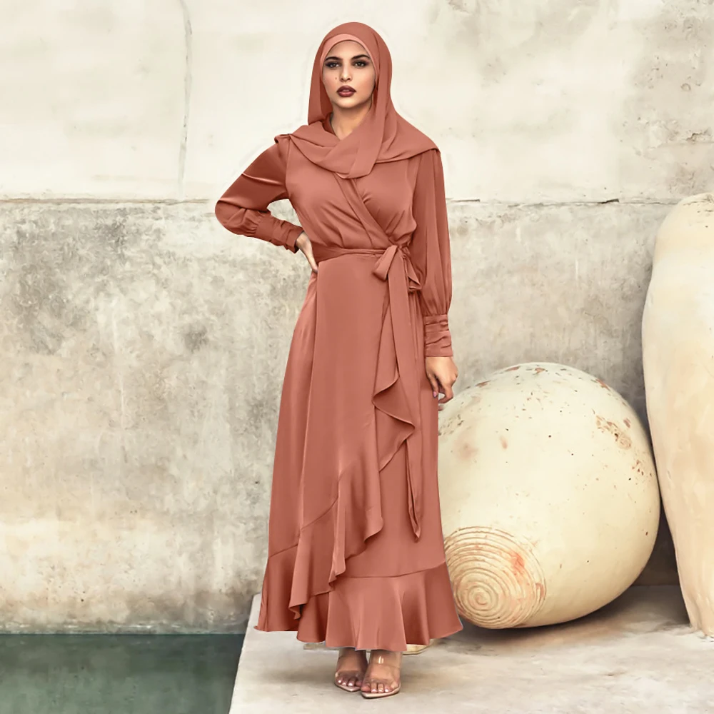 Женское платье-хиджаб с оборками, плотное атласное платье с запахом спереди и длинными рукавами, мусульманская модная мусульманская одежда...
