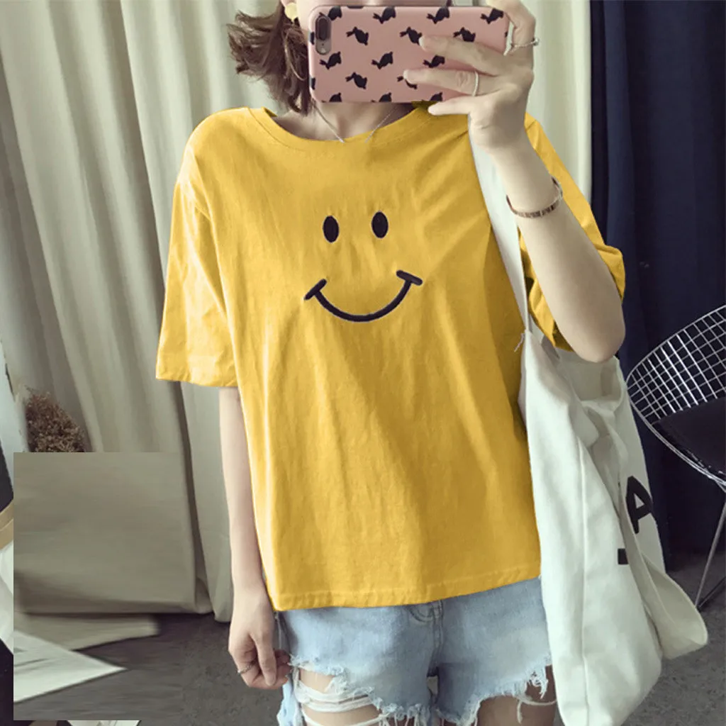 Новинка одноцветная женская футболка со смайликом повседневная хлопковая