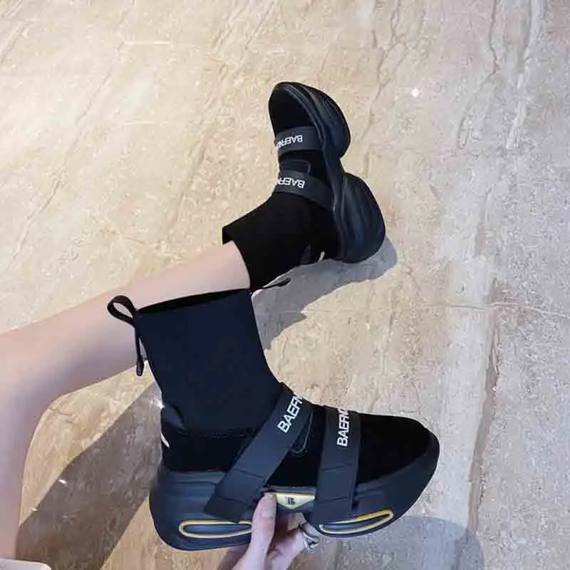 

2020 Chunky Platform Booties Slip on Leather Height Increasing Sport Casual Shoes Fall Mid Calf Sock Boots Women Botas Mujer