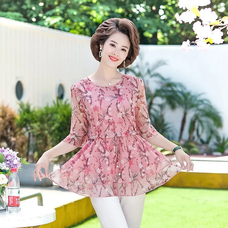 

5xl long Shirts Women Casual Button Floral chiffon Print Half Sleeve Women Loose Plus Size Women's Tunics Vintage Female Top