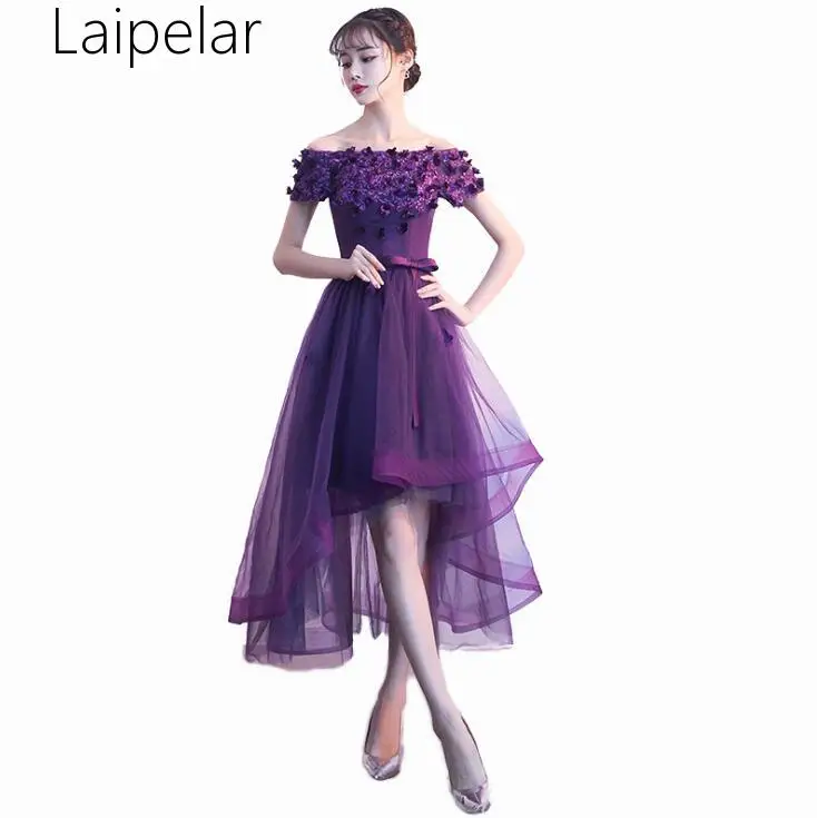 

Vestidos De Gala Purple High Low Short fomal Dresses 2019 Sexy Boat Neck Flower Tulle Even-ing Party Dresses For Graduation