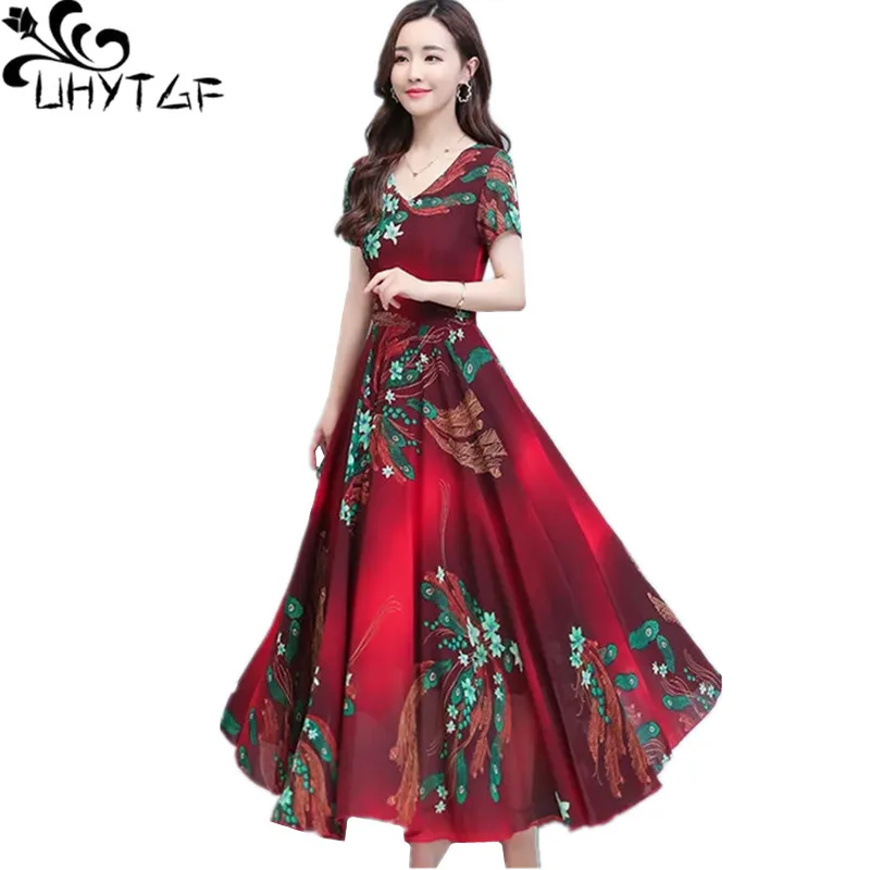 

Женское шифоновое платье UHYTGF, свободное Элегантное летнее платье с цветочным принтом, с коротким рукавом и V-образным вырезом, 1399