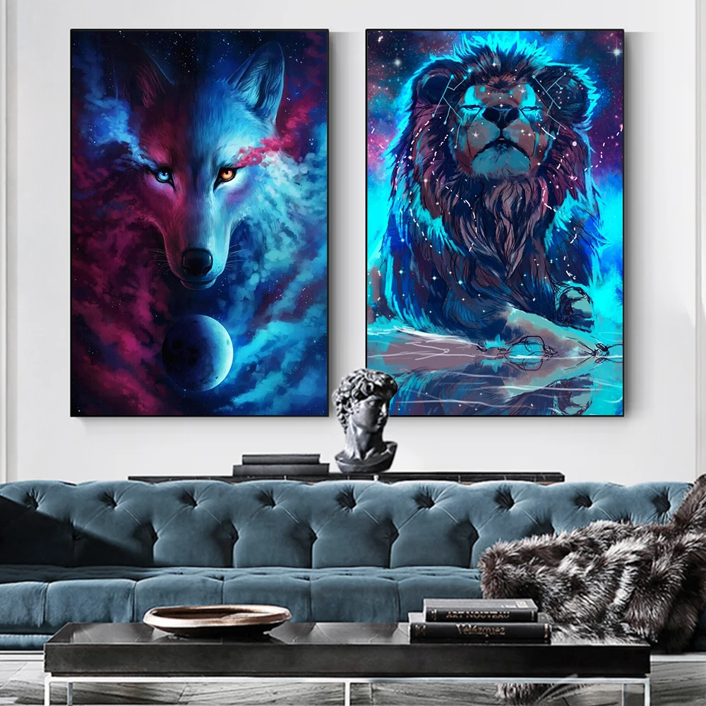 

Abstract Animal Wolf Looking at the Planet Nordic Posters Canvas Painting and Prints Wall Art Blue Lion Living Room Home Decor