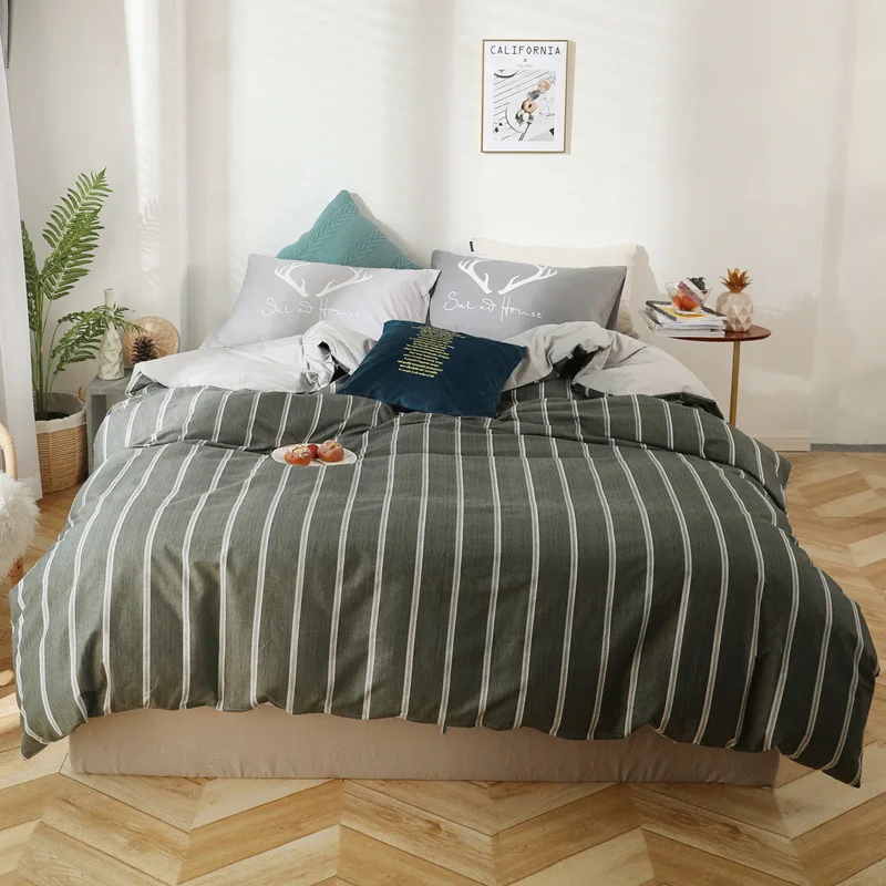 

Modern Leaf Printed Bedding Sets Nordic Flat Bed Linen Sheet Plaid Stripe Duvet Cover Set Bedclothes Family Set Duvet Cover Set