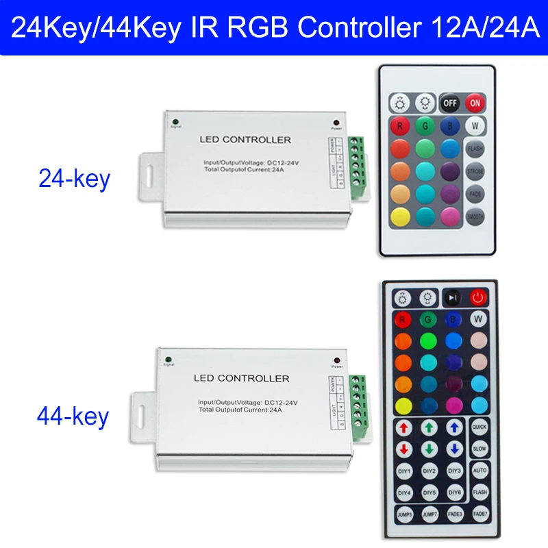 

RGB LED Controller 12A 24A 24keys 44 keys IR Wireless Remote Control Aluminum DC12V-24V for 5050 / 3528 RGB LED Strip Light