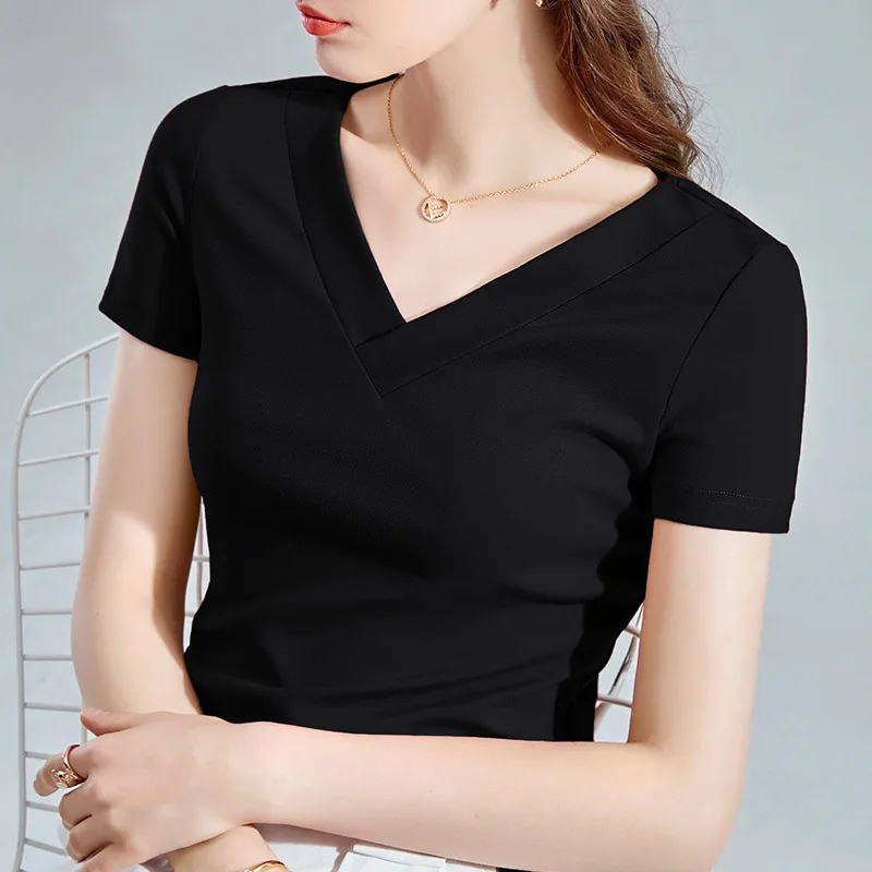

Short sleeve T-shirt women's European women's 2021 summer new pure color half sleeve cotton T-shirt wide brim temperament V-neck