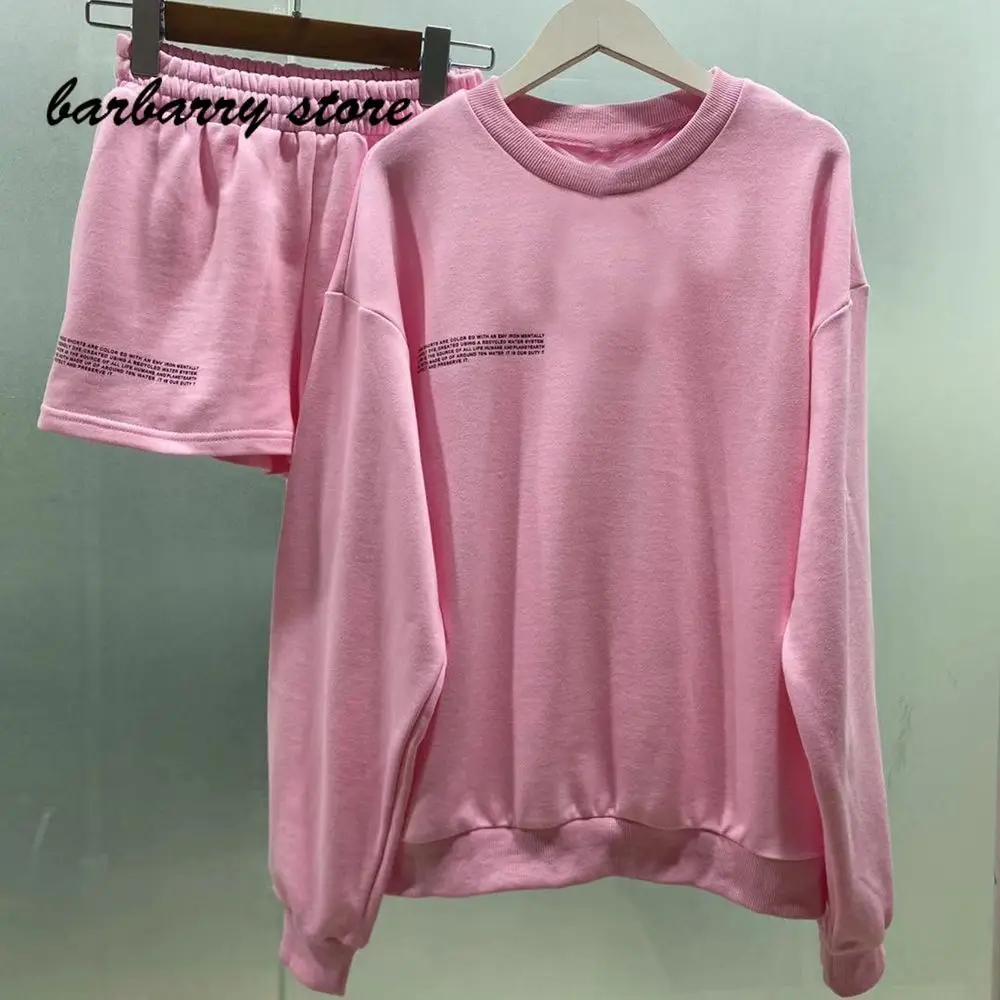 2021 High end Women's Cloth Cotton Long Sleeve Sweatshirt Shorts 2 two piece set Solid color Round Neck Pullovers Short Sets