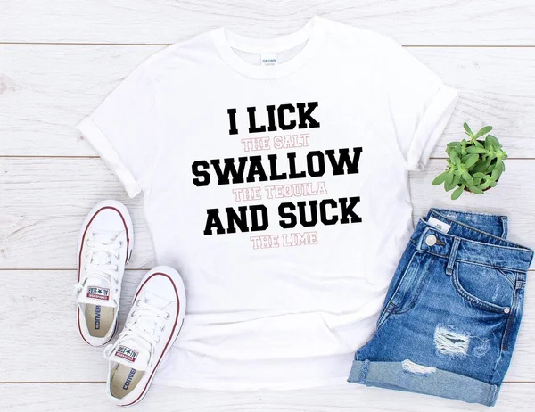 

Lick Swallow Suck T-shirt Women's Funny Humor Tequila Rap Streetwear Urban Hip Hop Tee Rapper Cotton, White